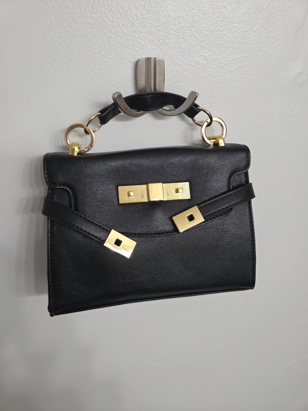 Structured Black Leather Satchel with Gold-Tone Hardware